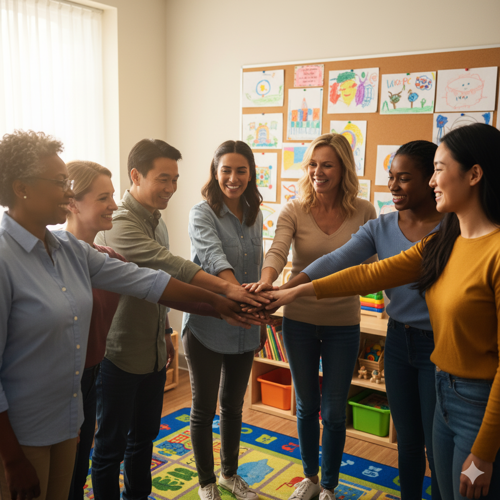 A group of chilcare providers standing in a semicircle